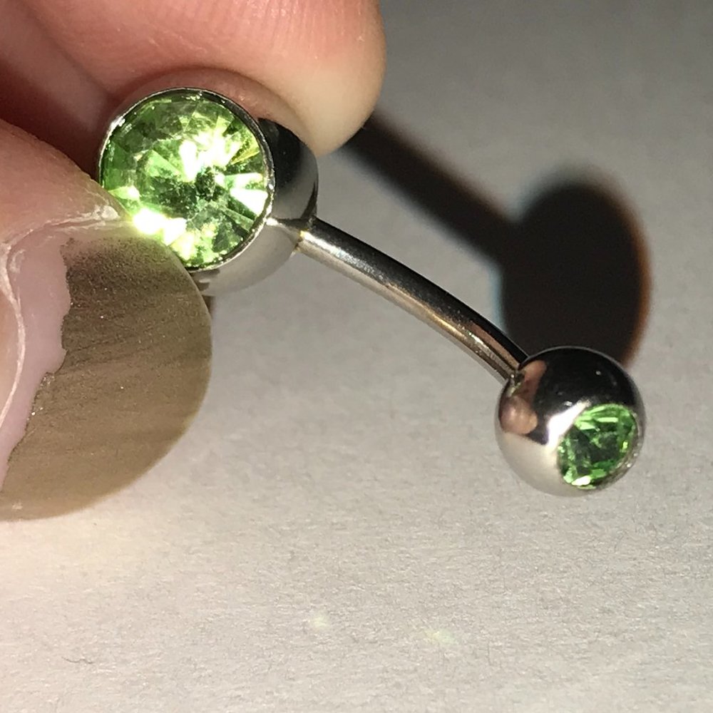 2 Gem Peridot Green 14 Gauge Belly Ring